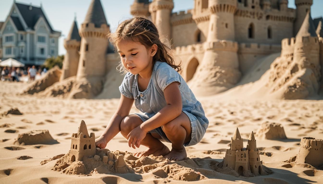 Little Girl and Sandcastle: Photorealistic Beach Portrait