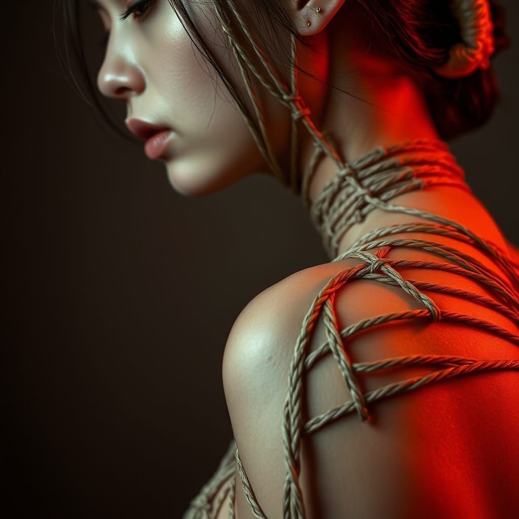 Woman in Elegant Kinbaku Bondage, Highlighting Natural Beaut...