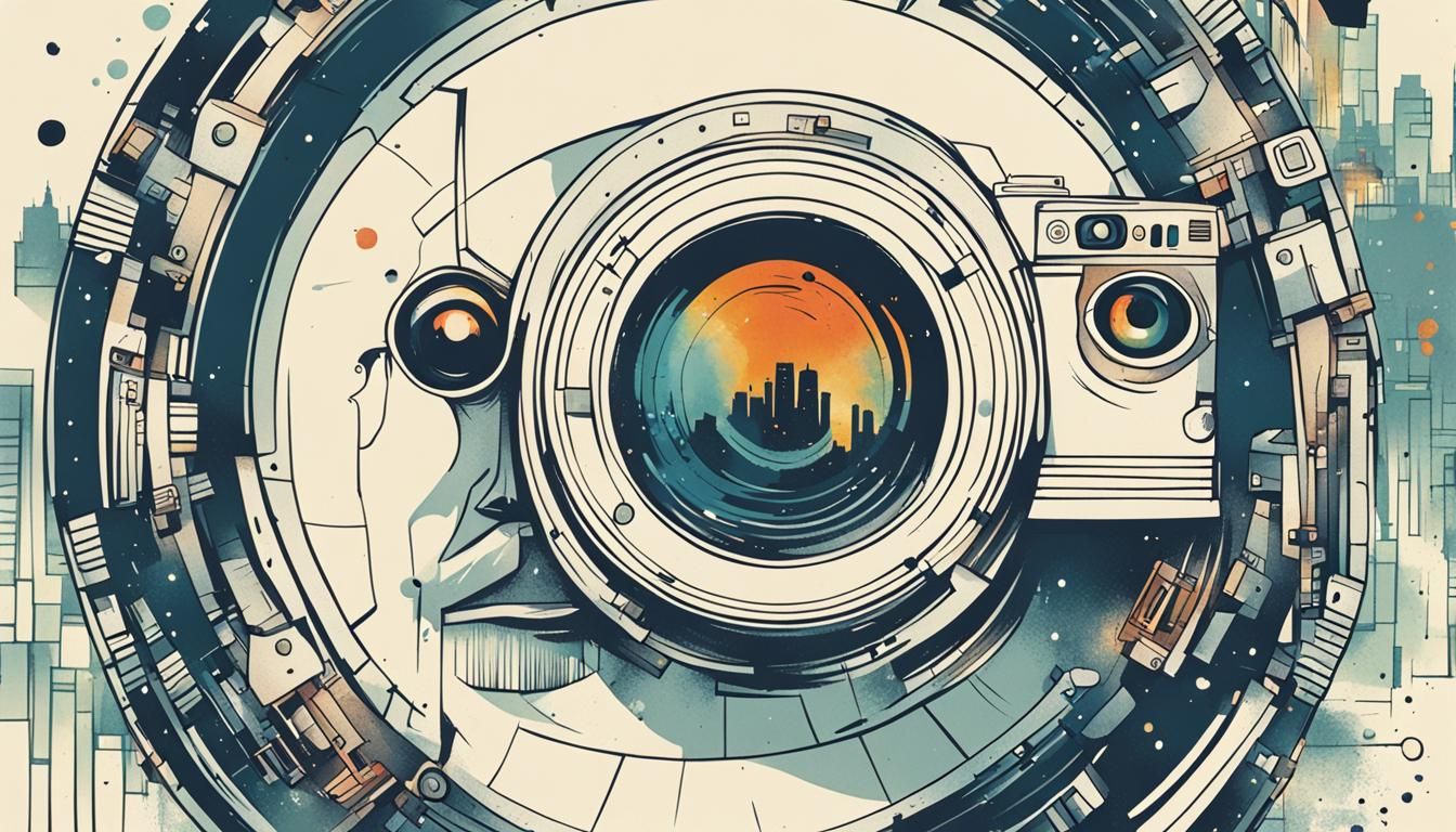 Cyborg Camera Eye in Whimsical Ink Illustration
