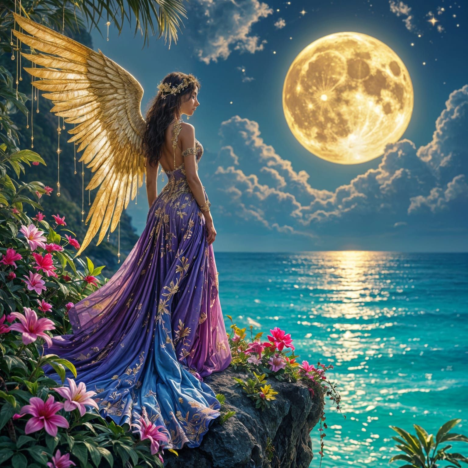 Angel in Flowing Dress Gilded by Moonlight