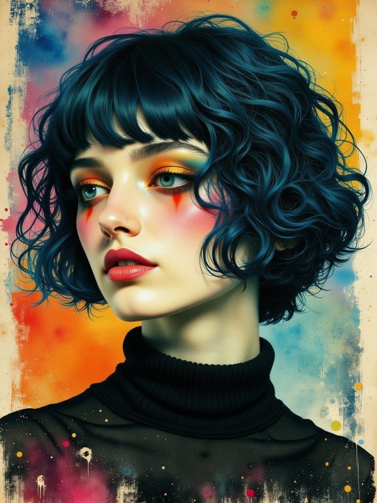 Melancholic Gothic Woman in Watercolor Alcohol Ink Style