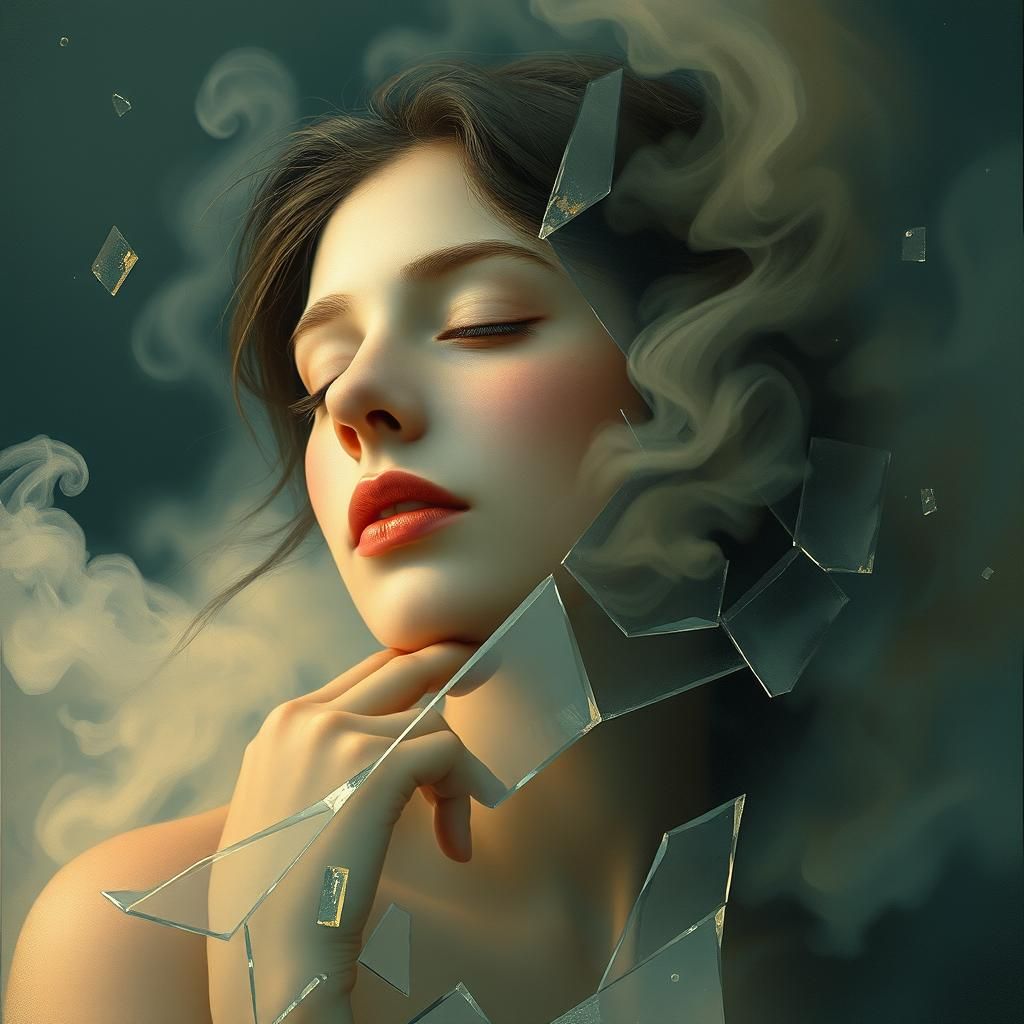 Ethereal Woman in Shattered Mirror Dreamscape