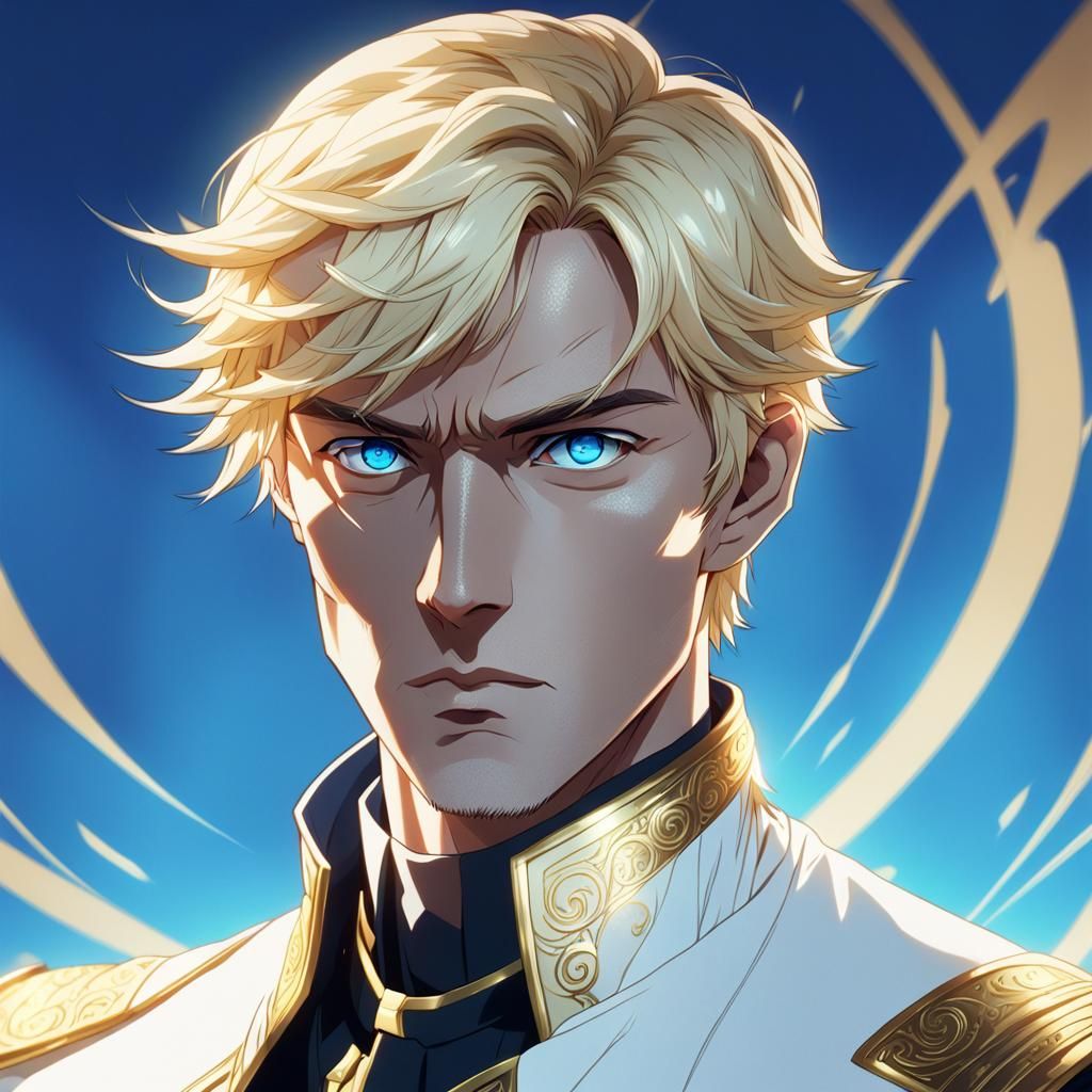 Heroic Anime Man in Gold and White Attire