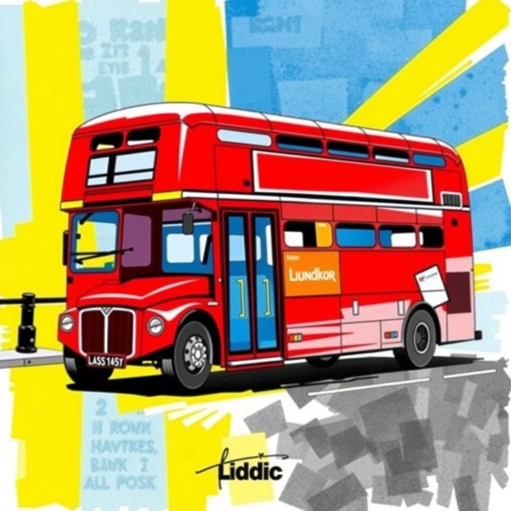Red London Bus in Pop Art Watercolour Style