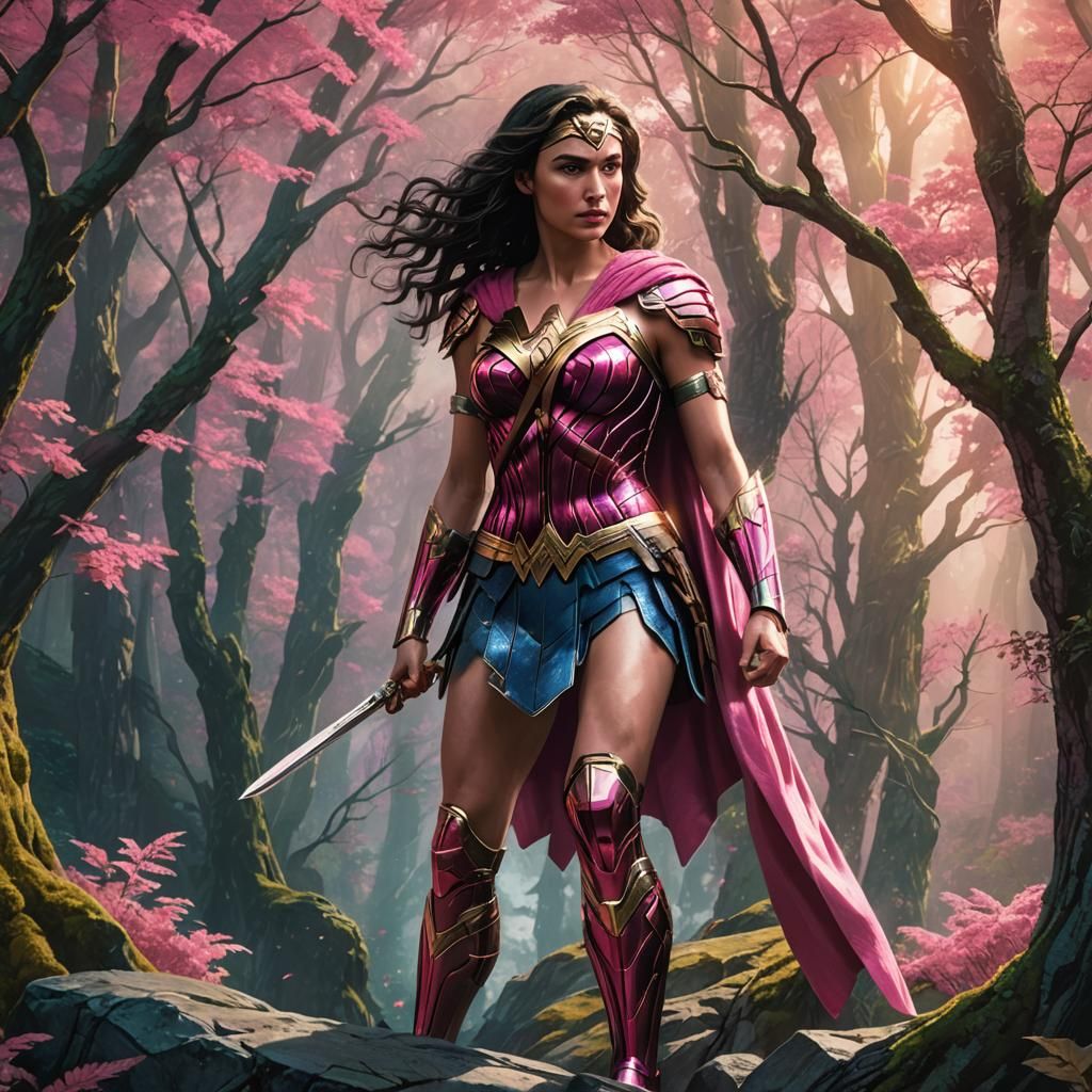 Wonder Woman in Pink Armor Overlooking Mystical Forest