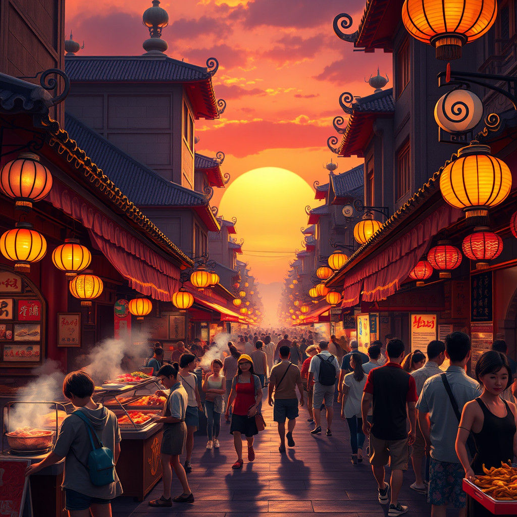 Vibrant Vietnamese Street Food Market at Sunset