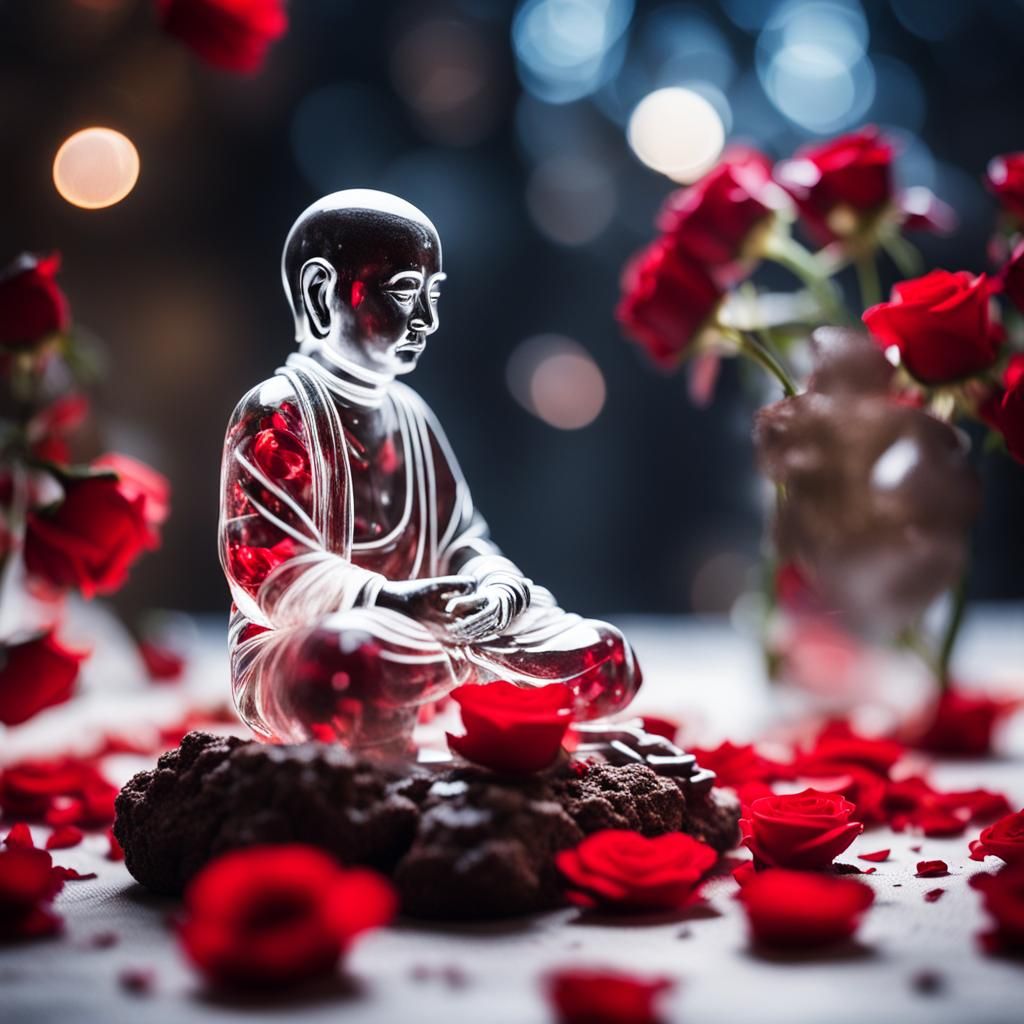 Crystal Monk Statue with Rose Petals, Bokeh