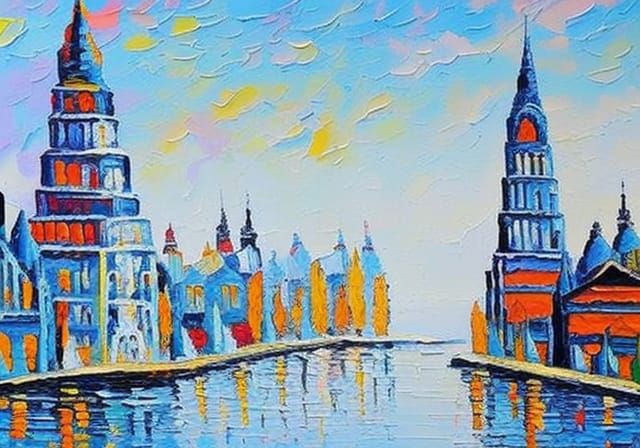 Downtown Scene in Neo-Impressionist Expressionist Style