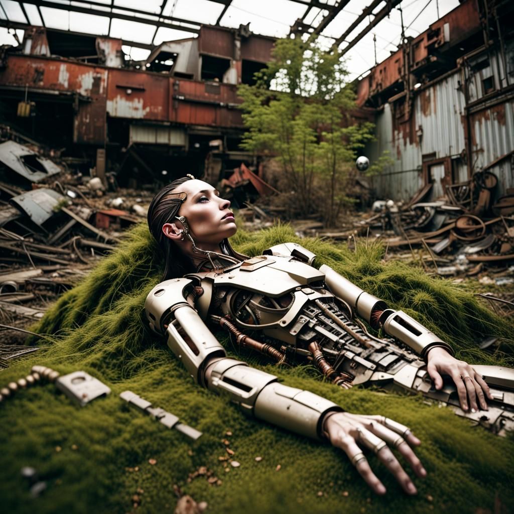 Cyborg in Junkyard: Ukiyo-e Futuristic Steampunk