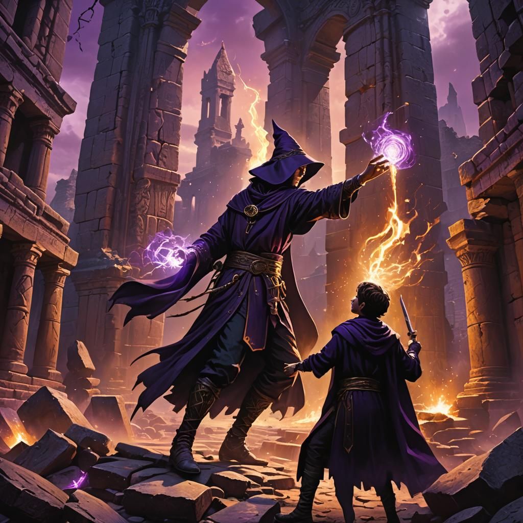 Magic Duel Between Wizard and Apprentice in Dark Fantasy
