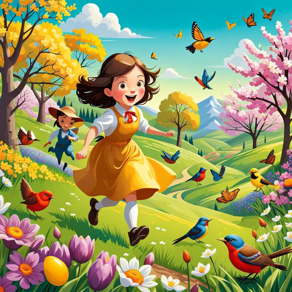 Cheerful Easter Egg Hunt in Spring Landscape
