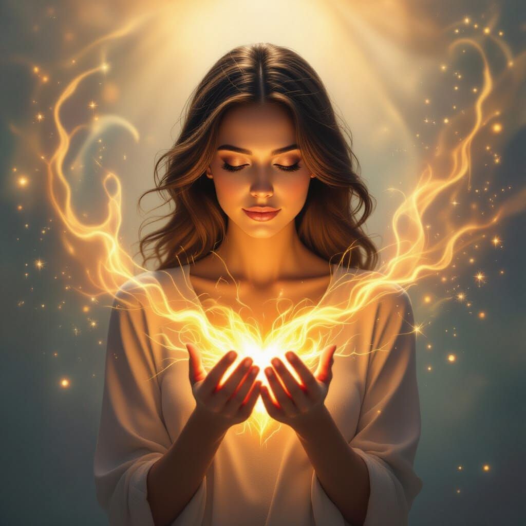 Woman's Heart Radiates Cosmic Energy in Digital Painting