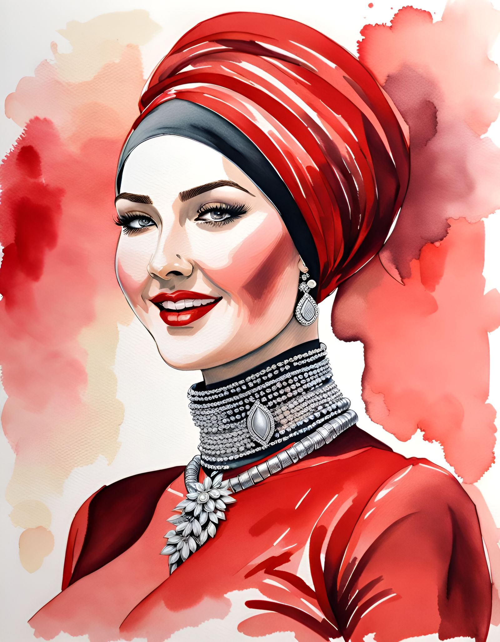 Modest Woman in Red Turtleneck, Watercolor Ink Drawing