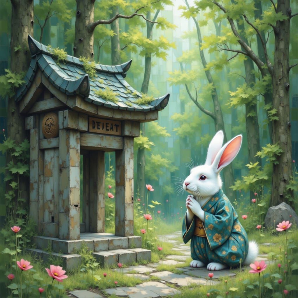 White Hare at Japanese Shrine in Fantasy Forest