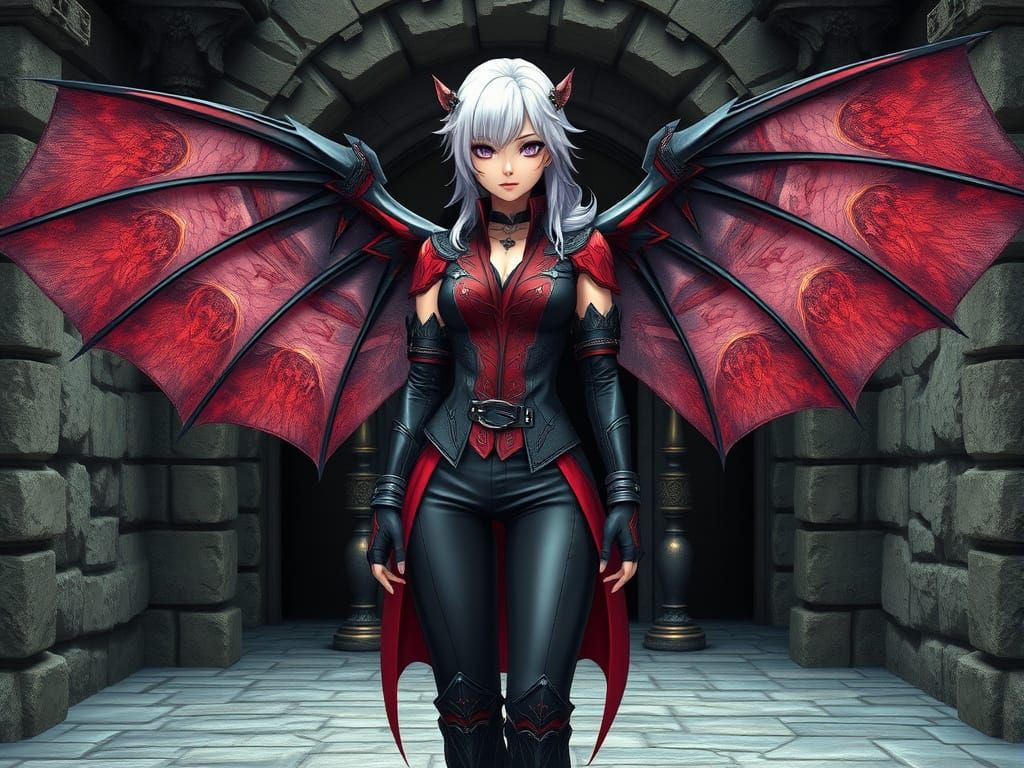 Winged Woman in Mystical Courtyard, Dark Fantasy Style