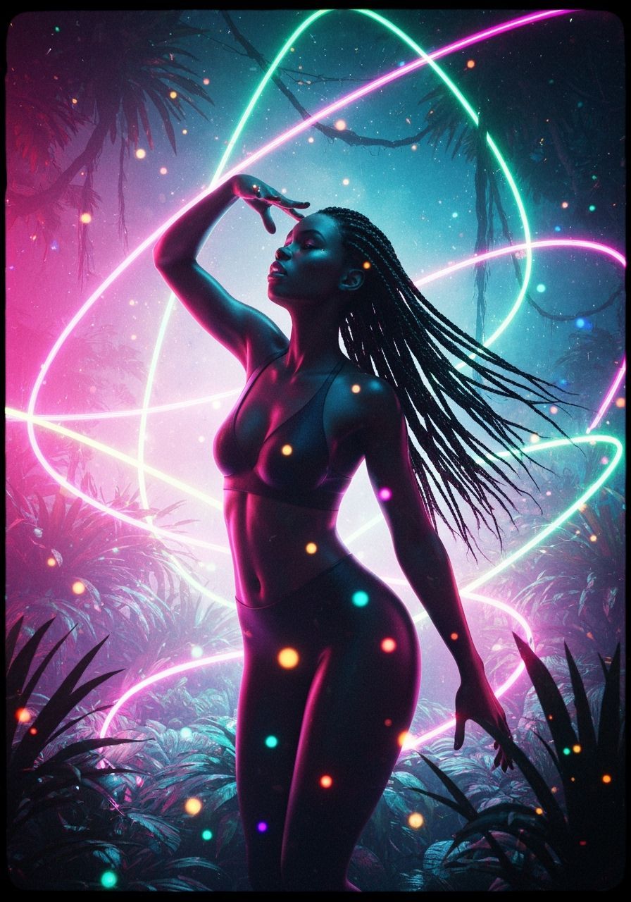 Afrofuturistic Woman in Cosmic Jungle, Cinematic Style