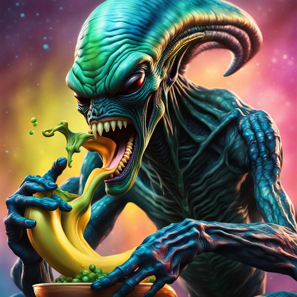 Alien Eating Banana in Hyperrealistic Splash Art