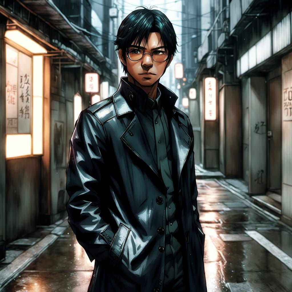 Manga Man in Rain-Slicked Alleyway Illustration