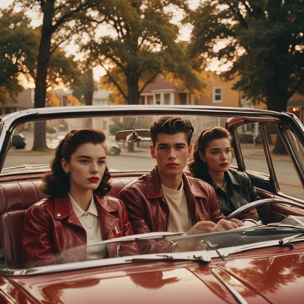 Teenage Couple in 1950s Cadillac: Cinematic Film Still