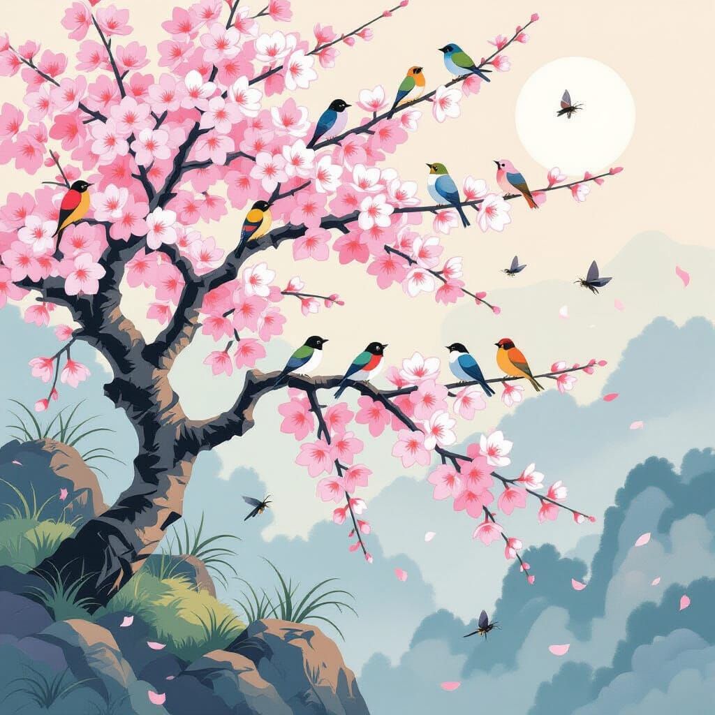 Cherry Blossom Tree with Birds and Insects in Nihonga Style