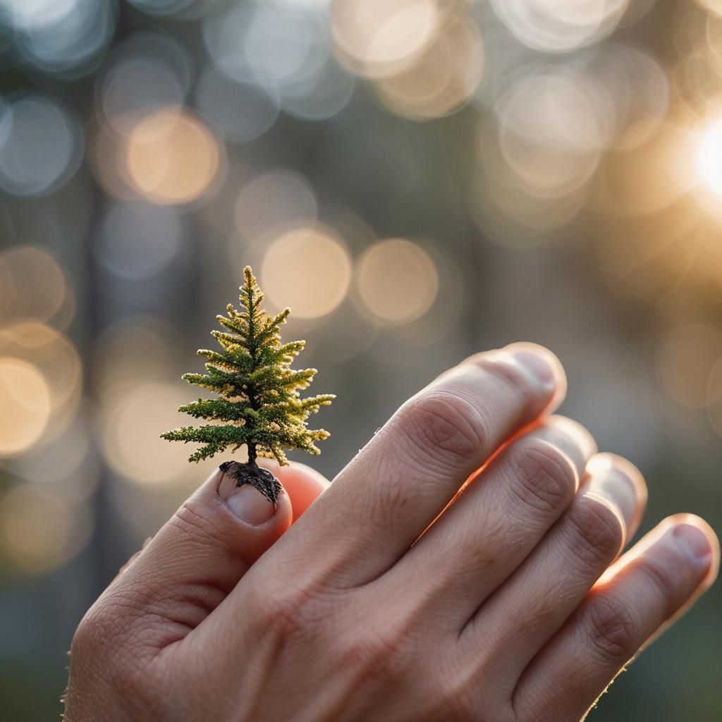 Miniature Tree on Finger in Macro Photography
