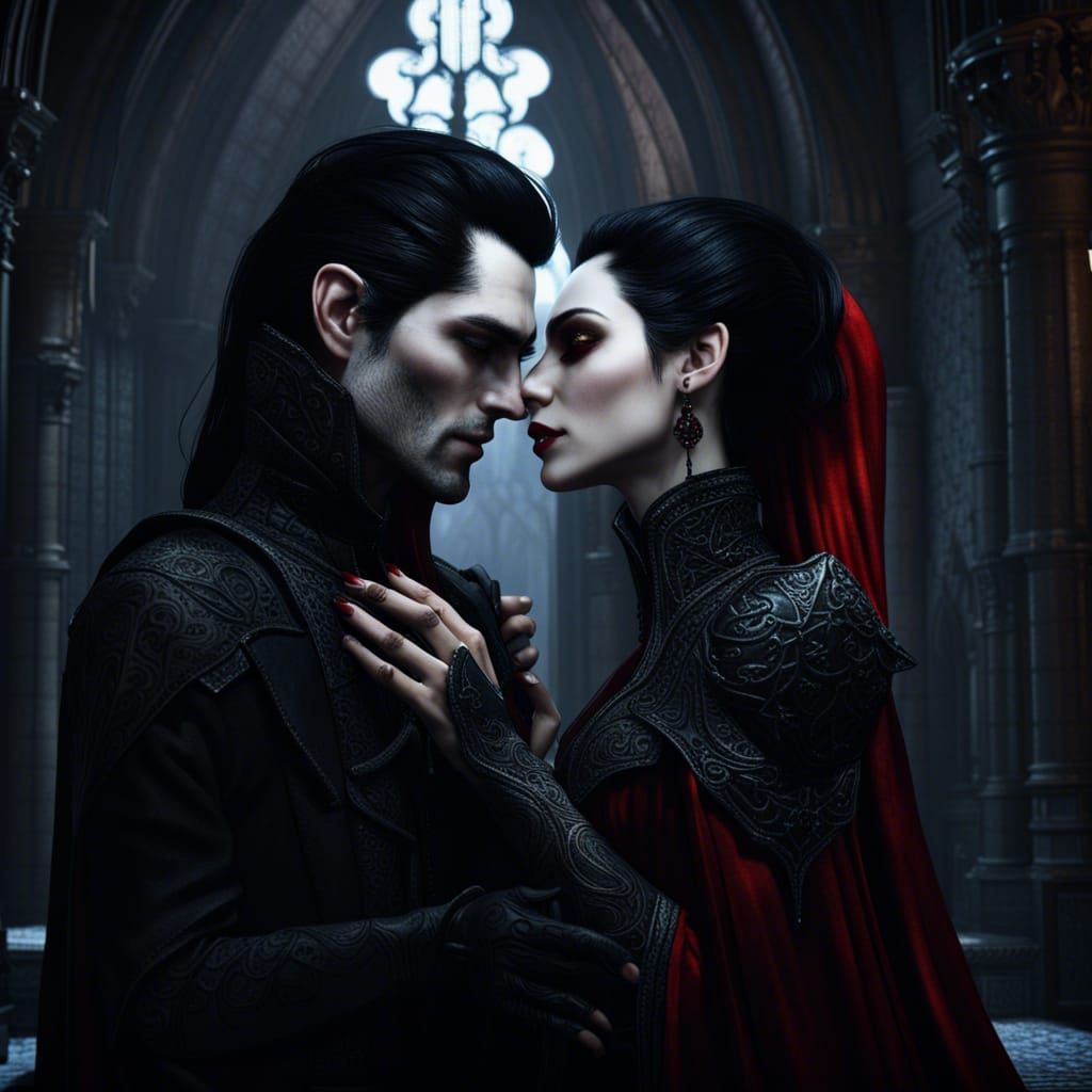 Gothic Vampire Elves Kiss in Noir Winter Castle