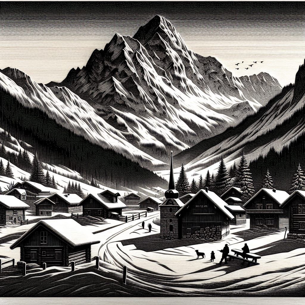 Photorealistic Grayscale Winter Village Christmas Scene