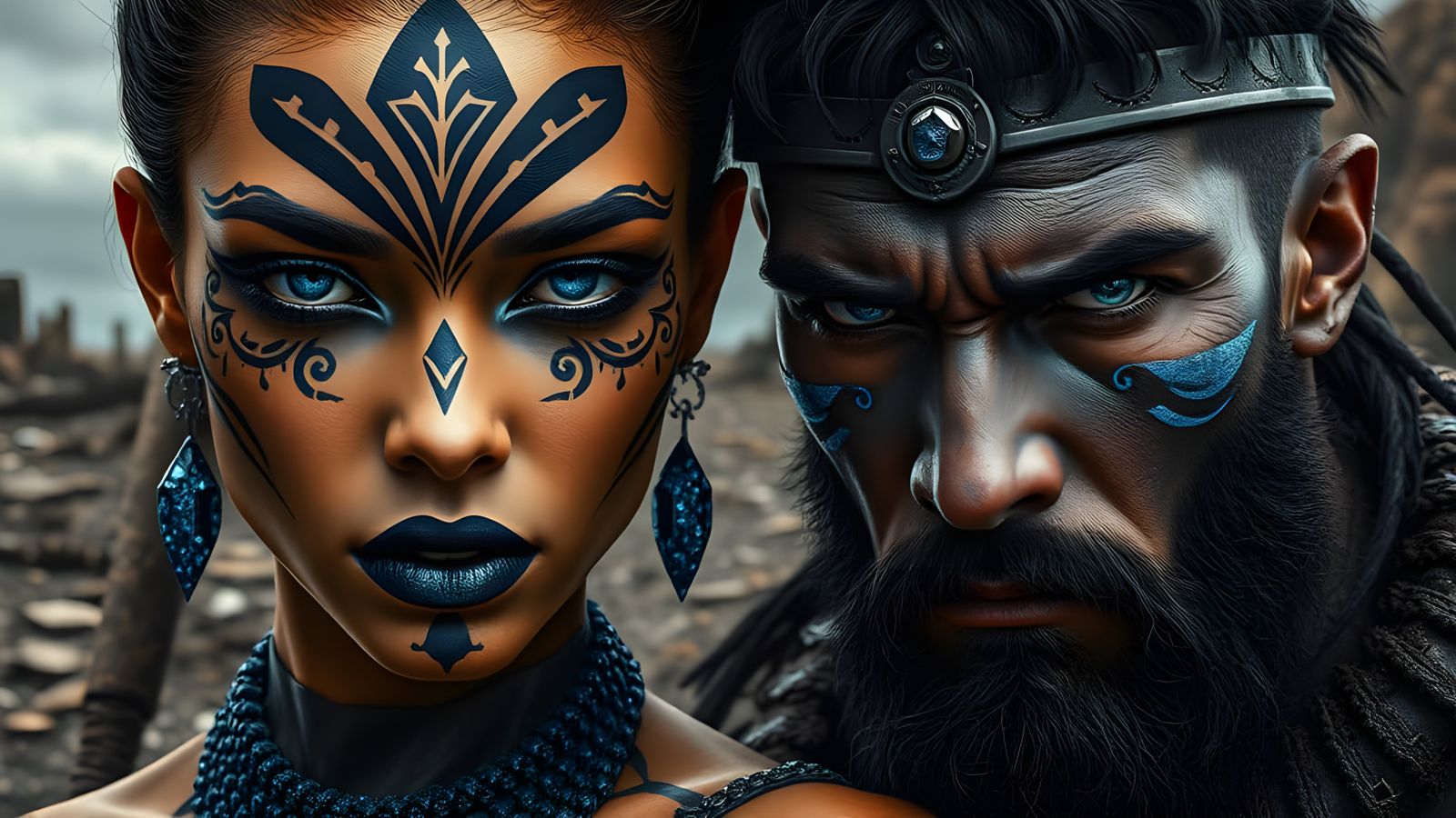 Warrior Couple in Post-Apocalyptic Landscape