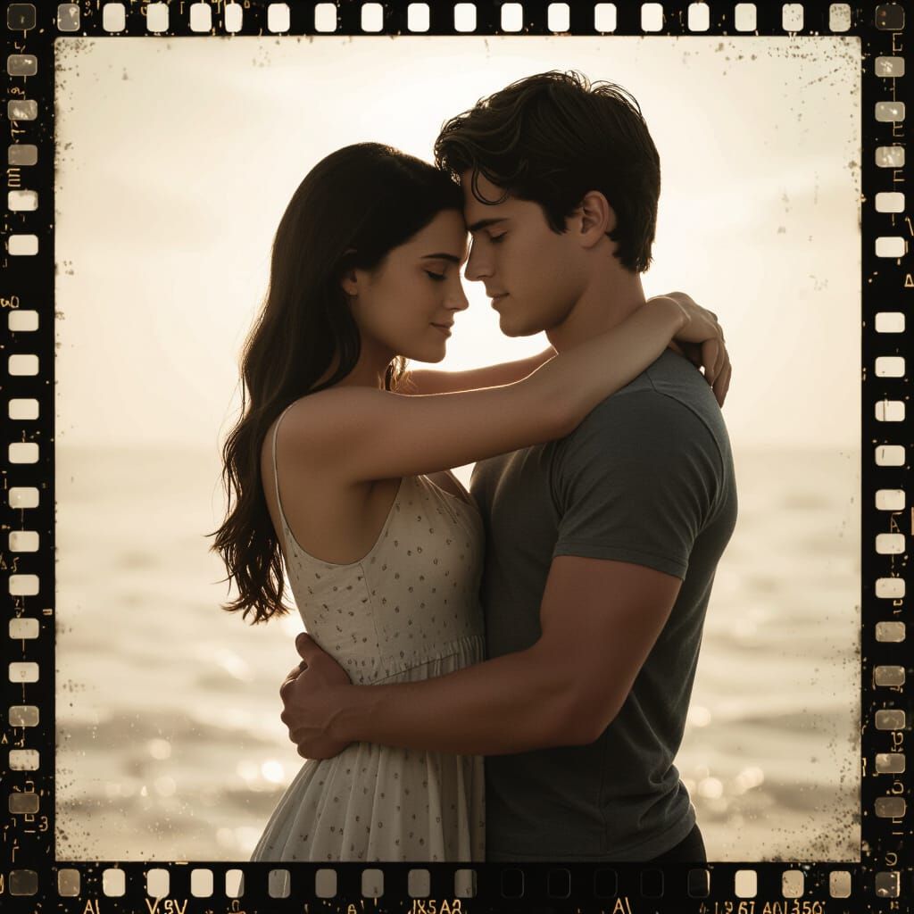 Romantic Embrace: Young Couple in Cinematic Film Still