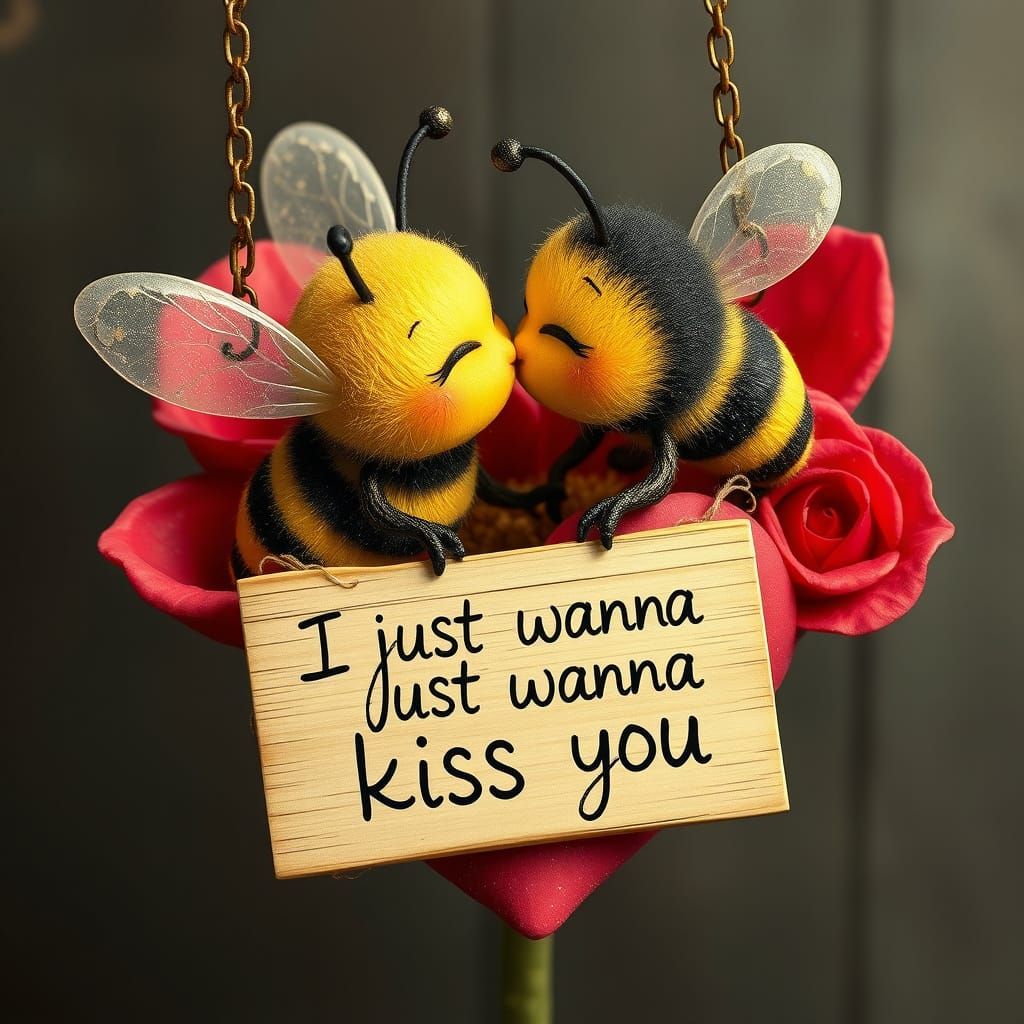 Hyper-Realistic Cartoon Bee Couple on Heart-Shaped Flower in...