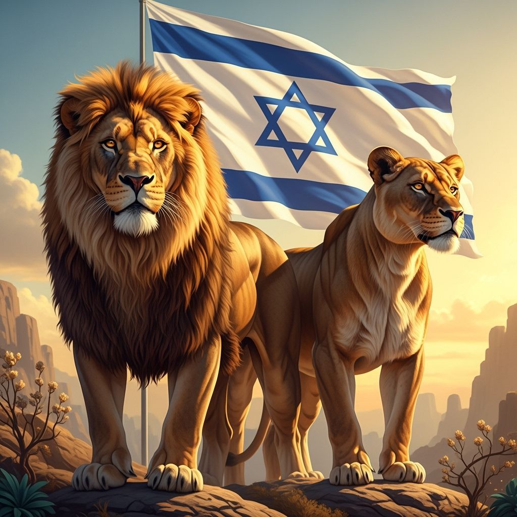Majestic Lions with Israeli Flag Backdrop