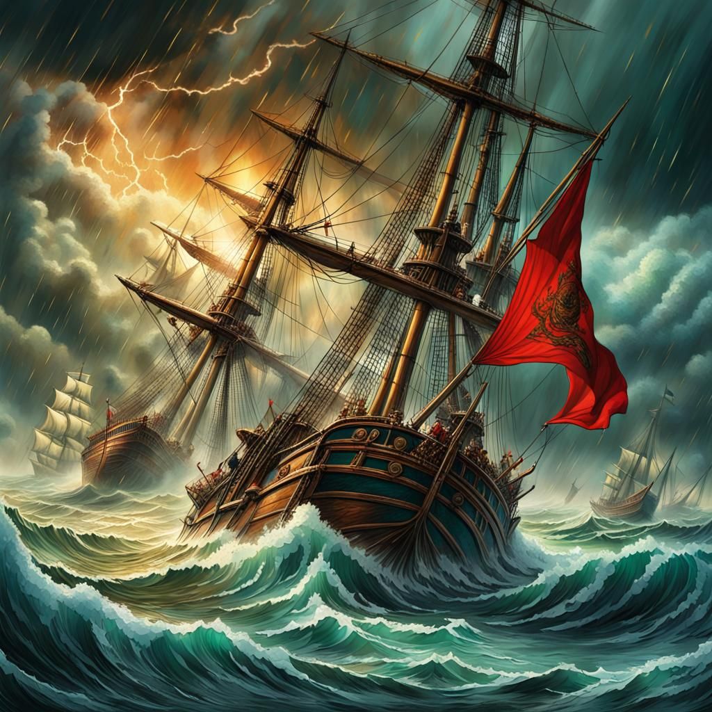 Epic Naval Battle in a Stormy Sea