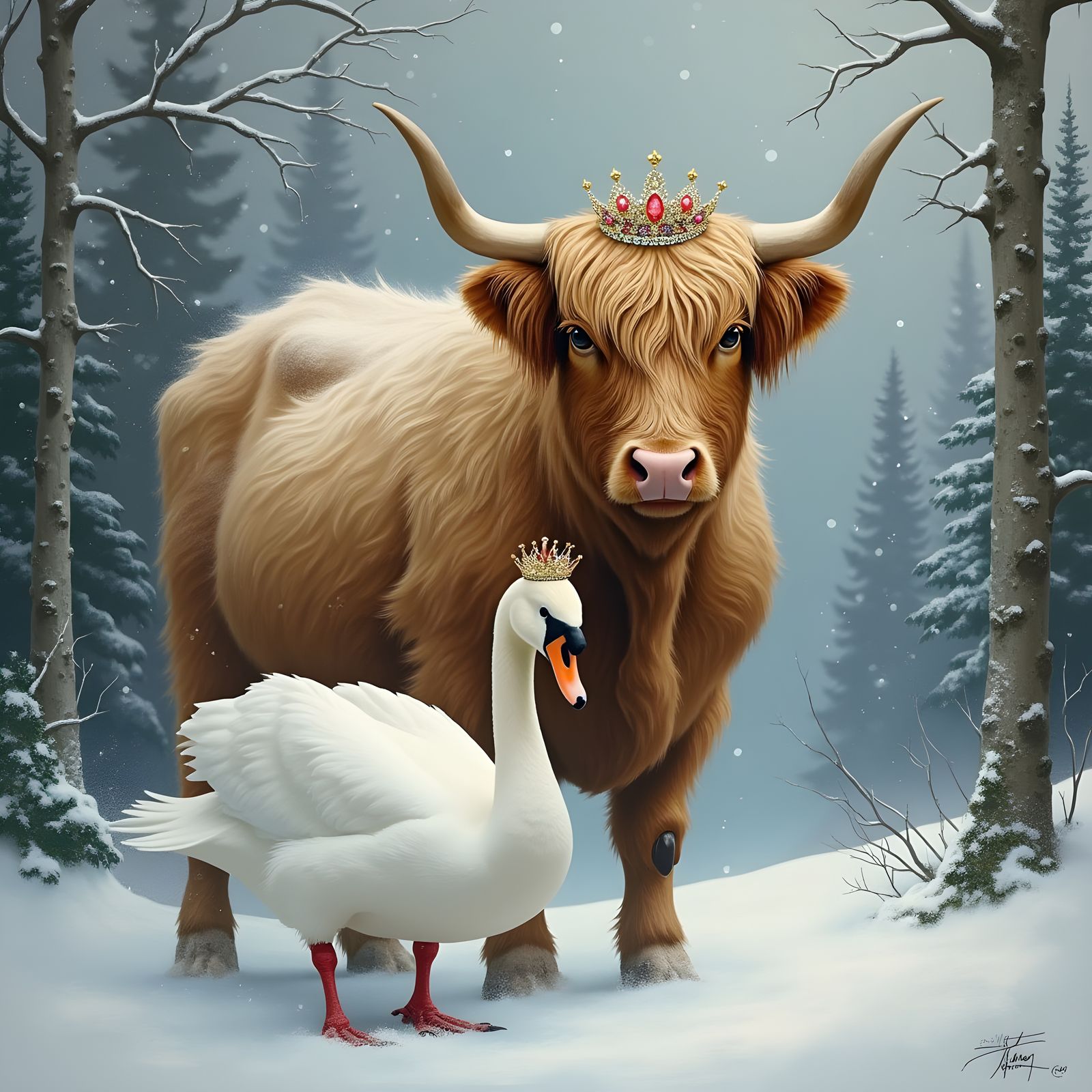 Crowned Highland Cow and Swan in Snow