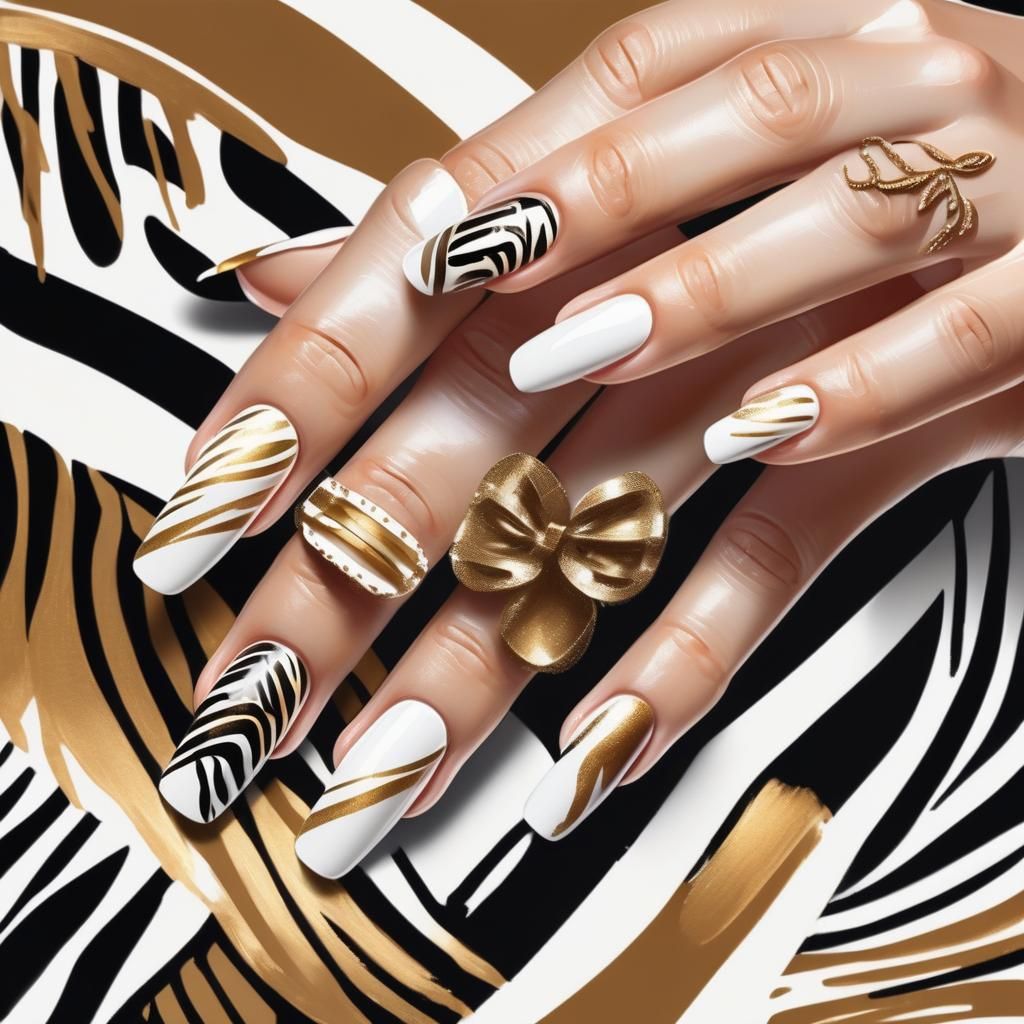 French Manicure with Zebra Motifs in Digital Painting