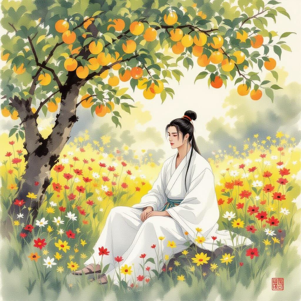 Chinese Man in Yellow Apple Grove, Ethereal Watercolor Style