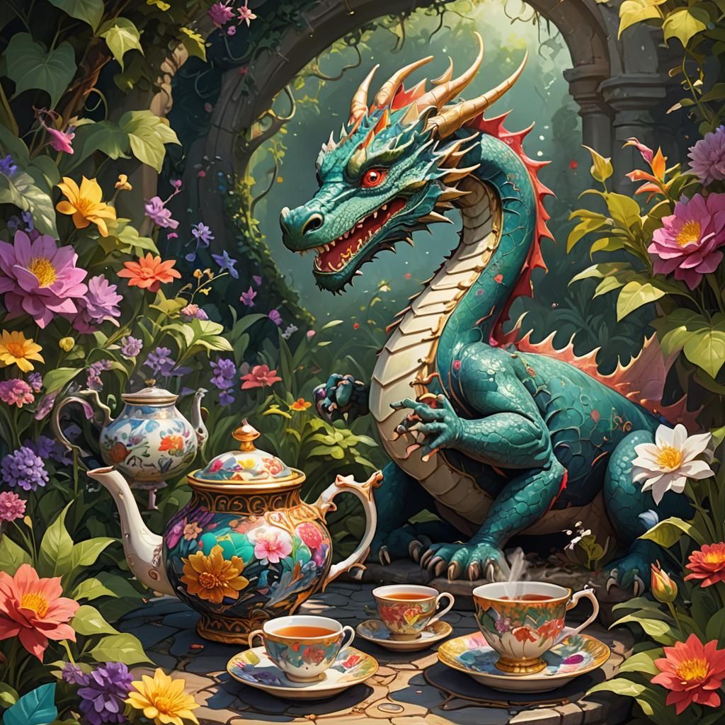 Dragon's Tea Party Mishap in a Whimsical Garden