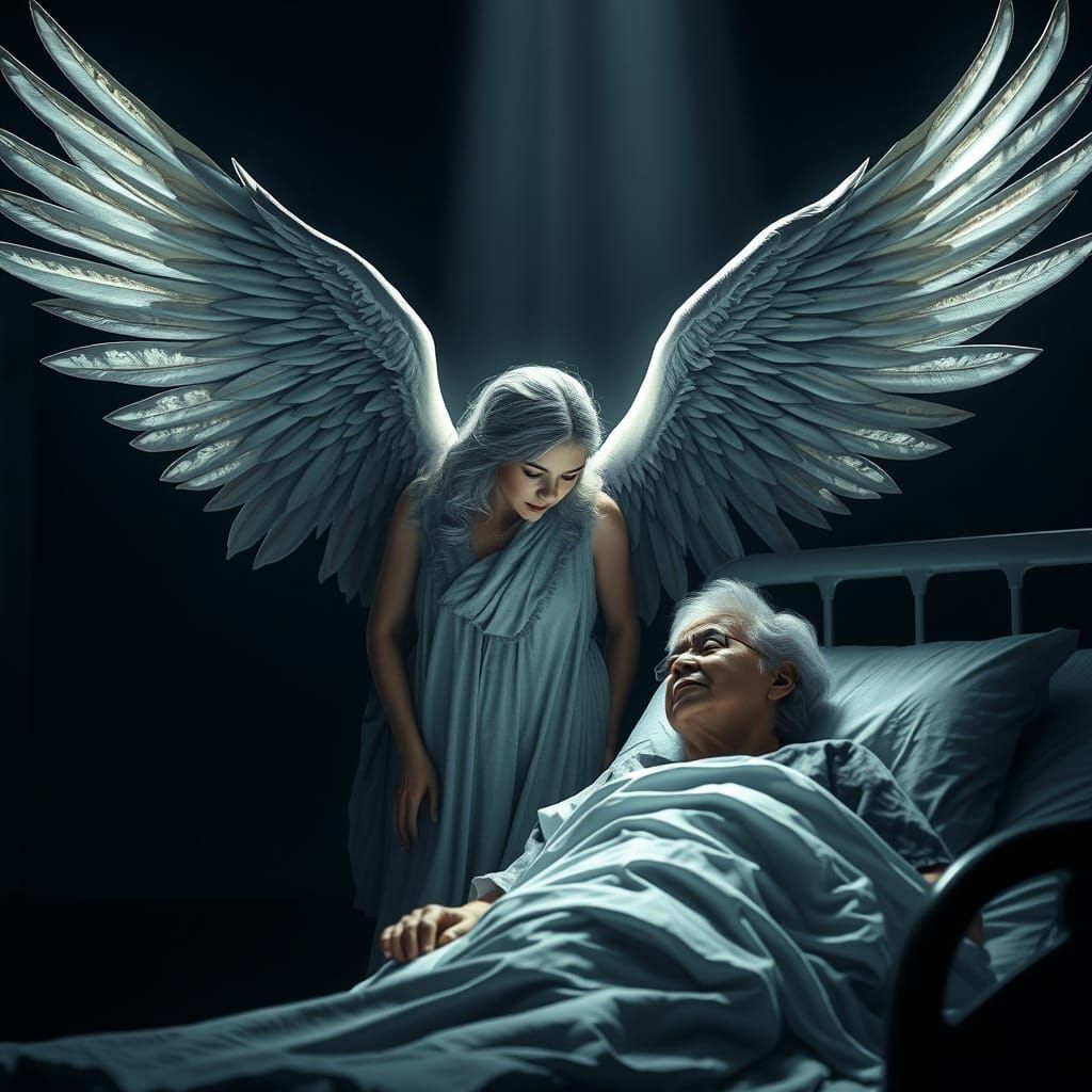 Angel in Compassionate Gaze, Illuminating Dark Hospital Scen...