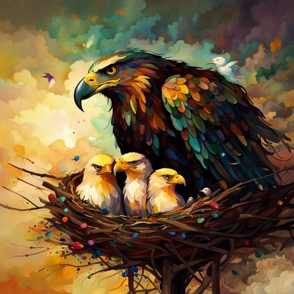 Mother Eagle and Babies: Digital Art