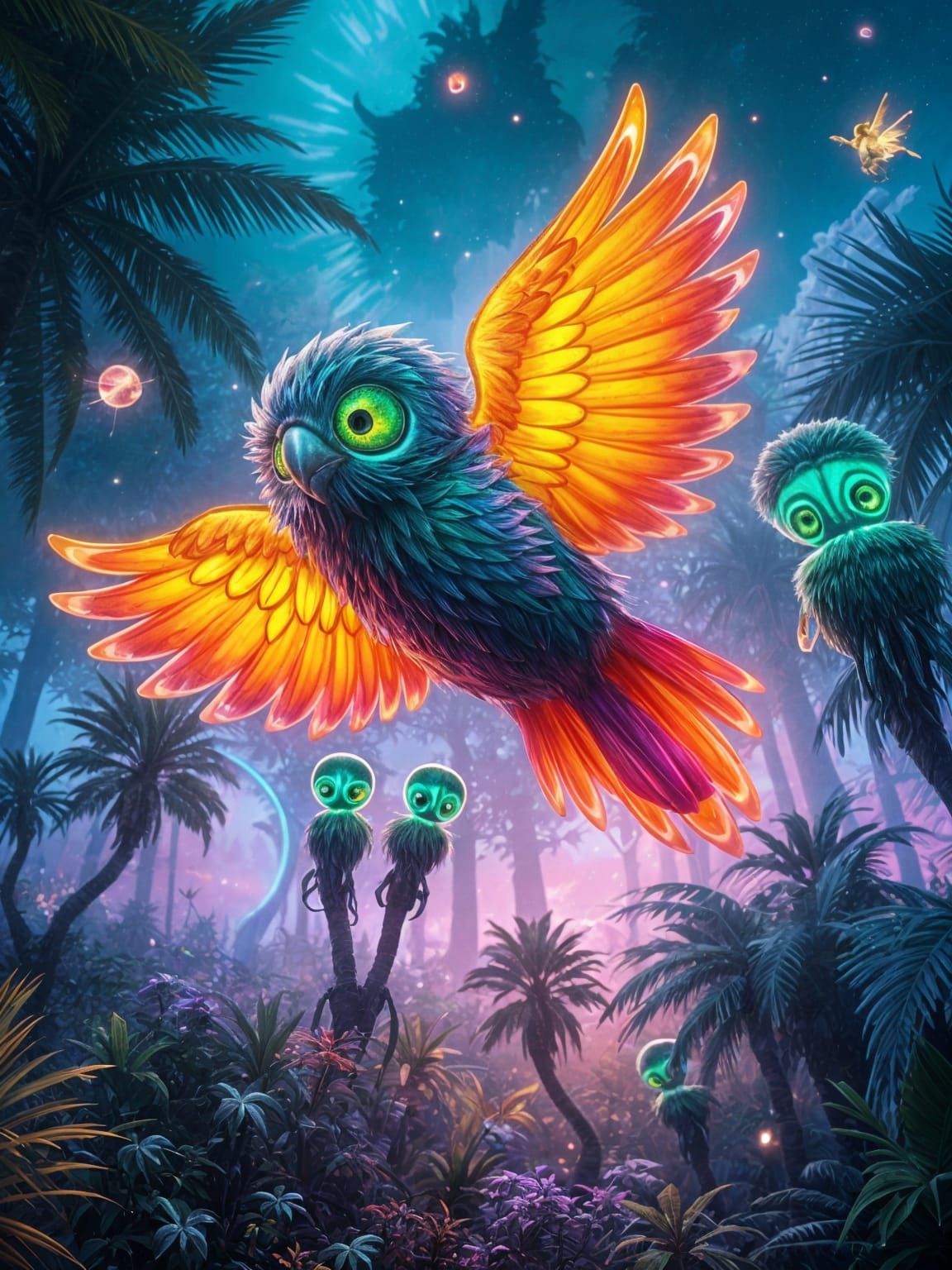 Glowing Rainbow Bird Soars Over Alien Forest