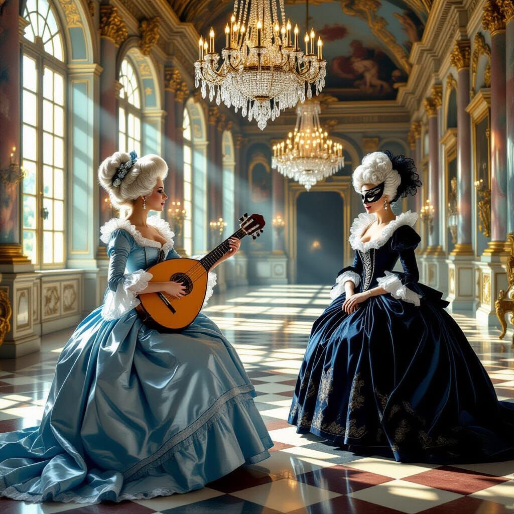 Baroque Elegance: Lute Player and Masked Observer