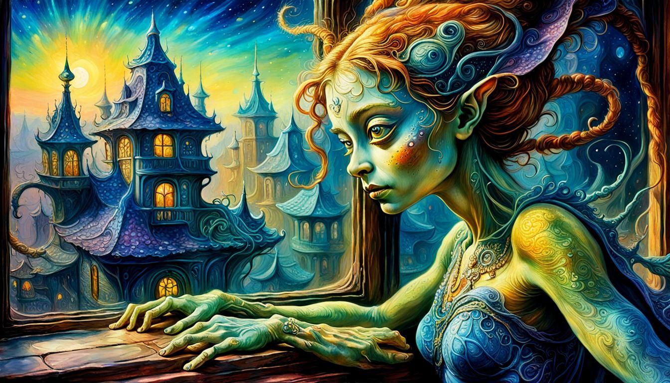 Enchanting Alien by window sill, hyperdetailed mystical ambi...