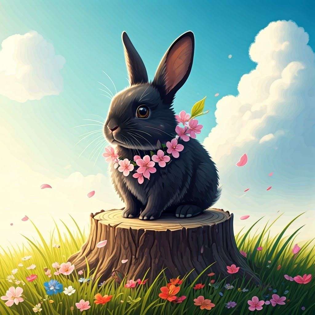 Whimsical Black Rabbit Amidst Cherry Blossoms and Wildflower...