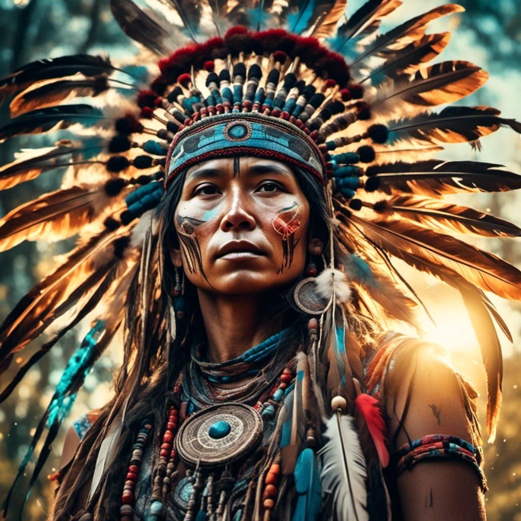Native American Portrait with Dreamcatchers in Hyperreal Sty...