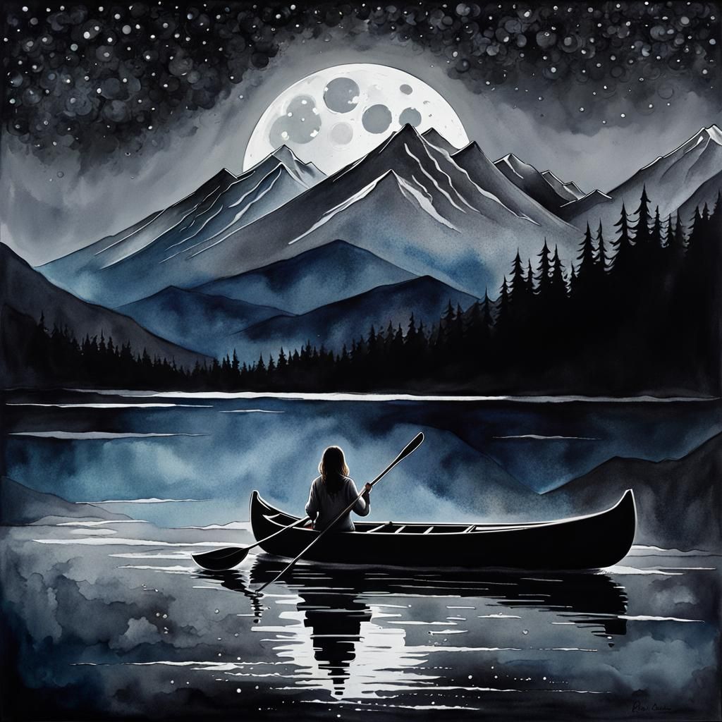 Sad Girl in Canoe: Moody Watercolor Painting
