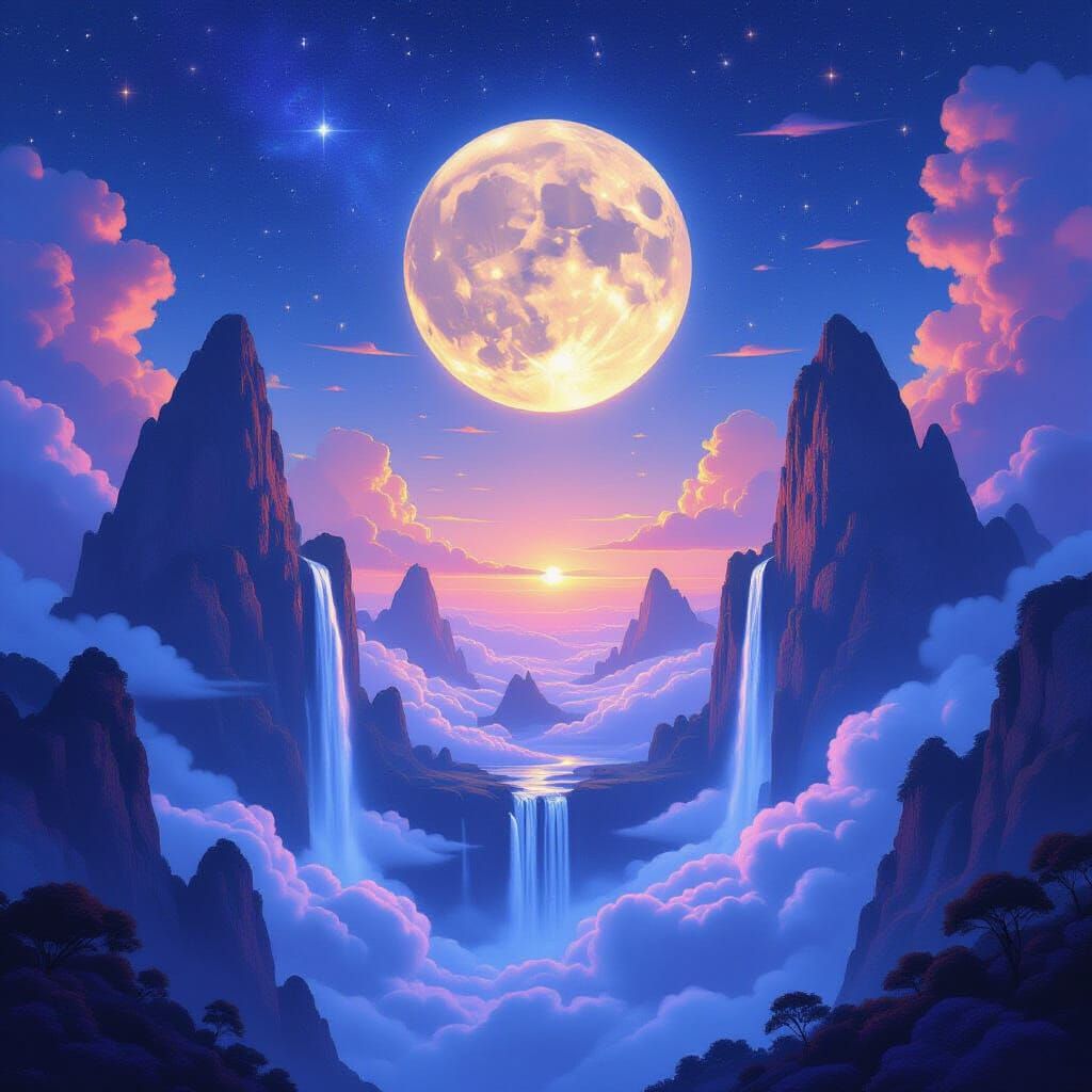 Surreal Floating Mountains and Moonlit Waterfalls