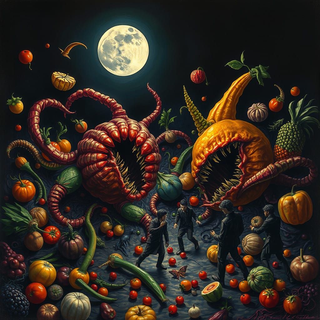 Surreal Battle of Fruits and Vegetables Under New Moon
