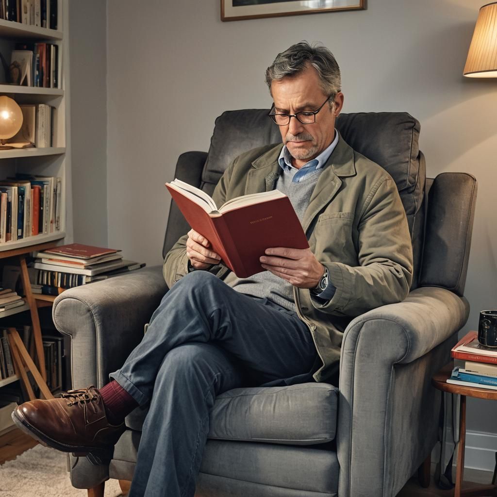 Man Reading Book in Armchair at Evening