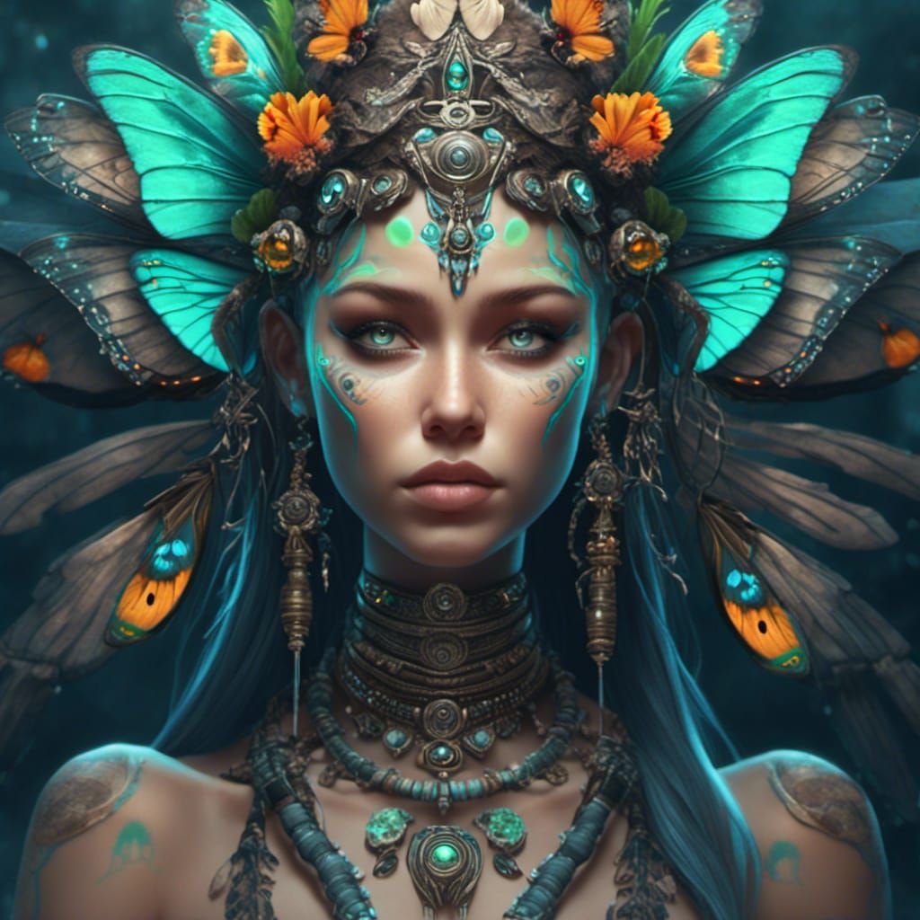 Cyber Tribal Shaman with Luna Moths Portrait