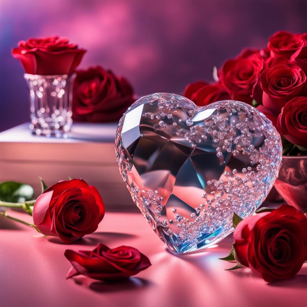 Crystal Heart with Roses: Hyperrealistic Still Life