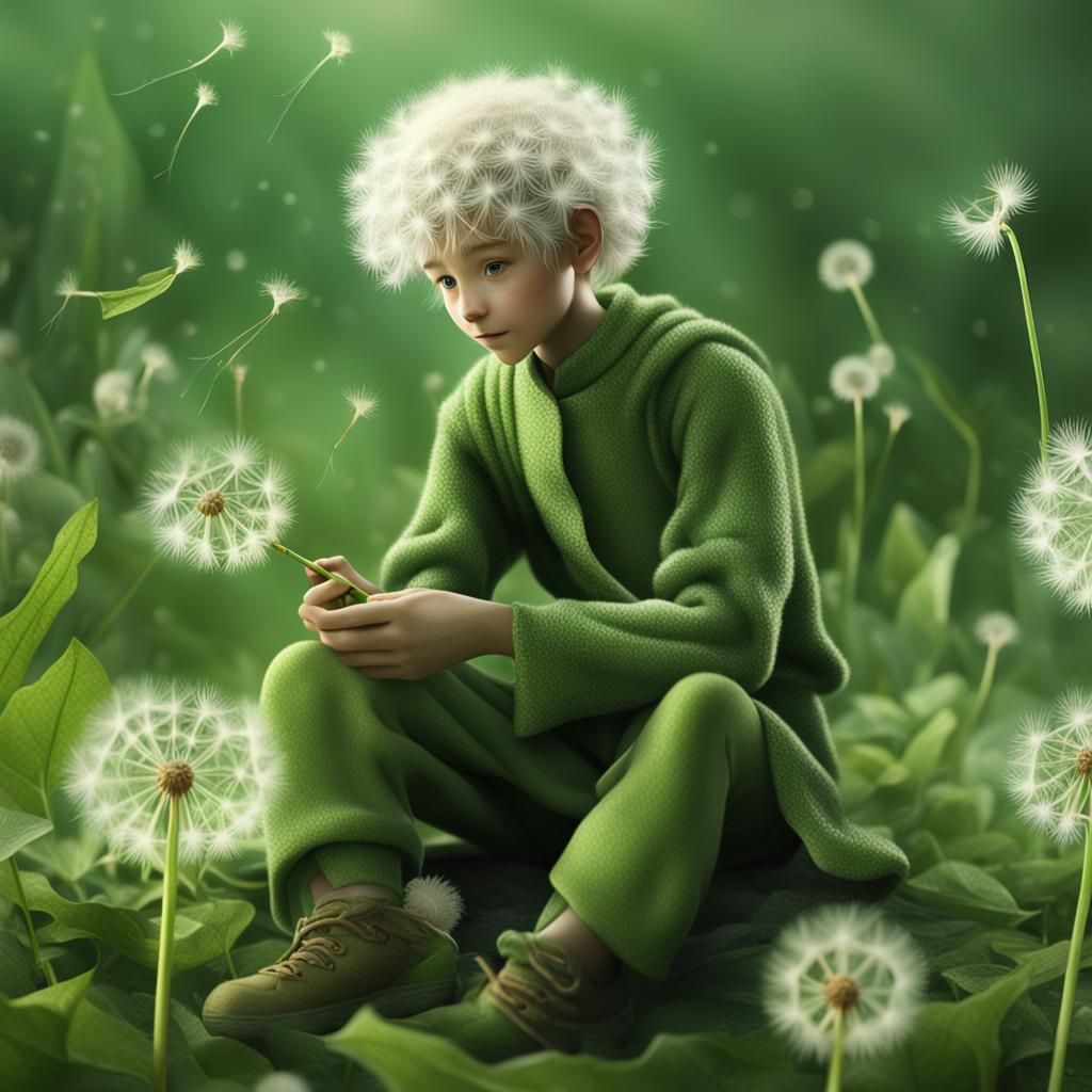 Elf in Dandelion Seed Pods, Photorealistic Matte Painting